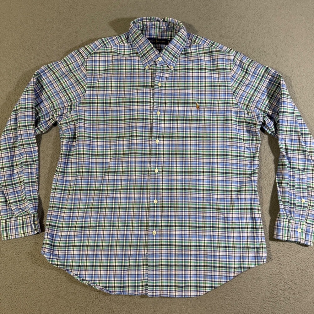Ralph Lauren‎ Mens XL Long Sleeve Button Down Plaid Shirt Blue Green Casual